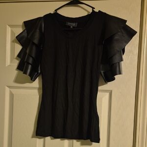 Black Top with Faux Leather Dramatic Ruffled Sleeves